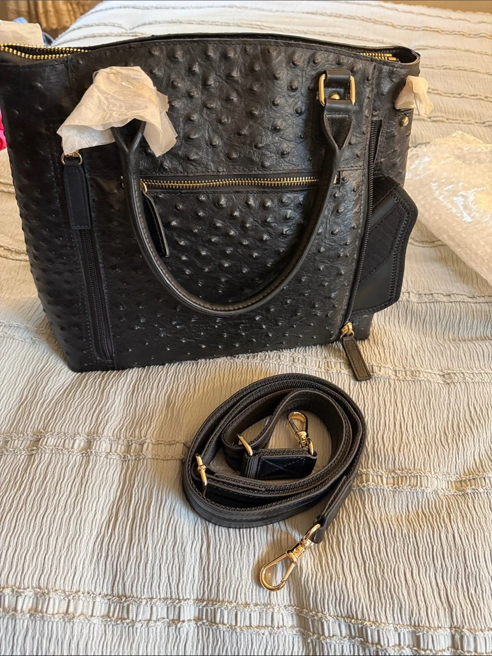 Gun Tote’n Mamas Black Ostrich-Texture Tote Bag Top Grain Leather NWT